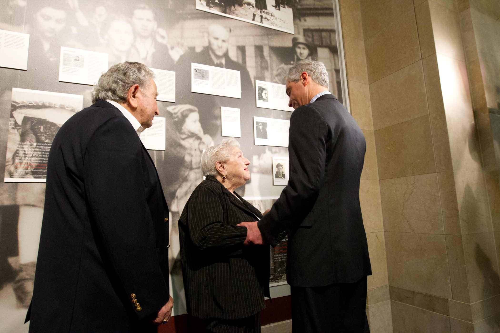 Mayor Emanuel joined by Barbara Steiner and David Figman at the unveiling of the 70th Anniversary of the Warsaw Ghetto Uprising exhibit